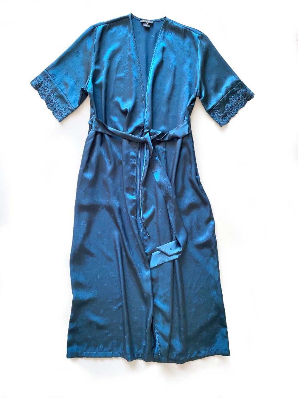 Jones New York Satin Long Kimono Short Sleeve Size S/M Robe Navy Side Pockets